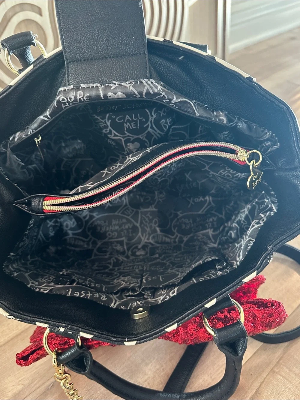Betsey Johnson Black & White Checker Satchel with Red Sequin Bow